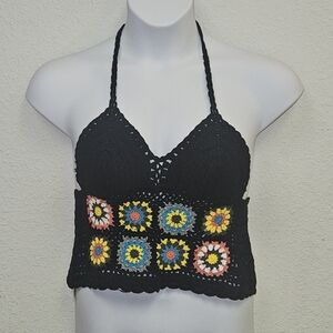Black Crochet Halter Top with Colorful Accents - OS